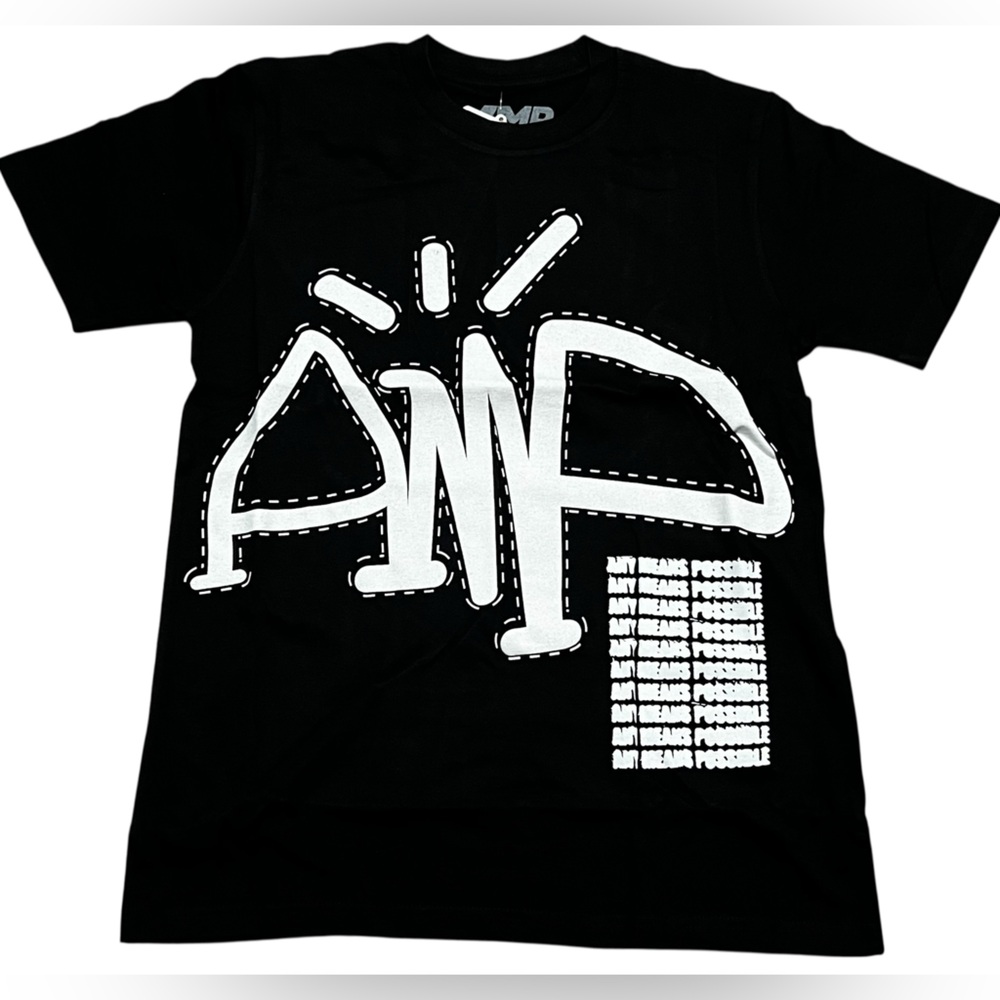 AMP any means possible men's Black T-Shirt white puff print size‎ small